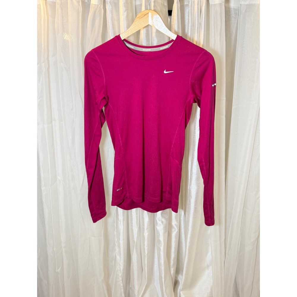 Nike Running Top Womens XS Magenta Dri-FIT Long Sleeve Crew Neck Swoosh Logo
